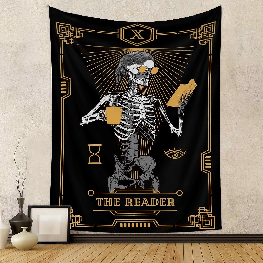 The Lovers Tarot Card Tapestry Skeleton Kissing Wall Hanging Vintage Floral Polyester Decor for Bedroom Living Room Aesthetic