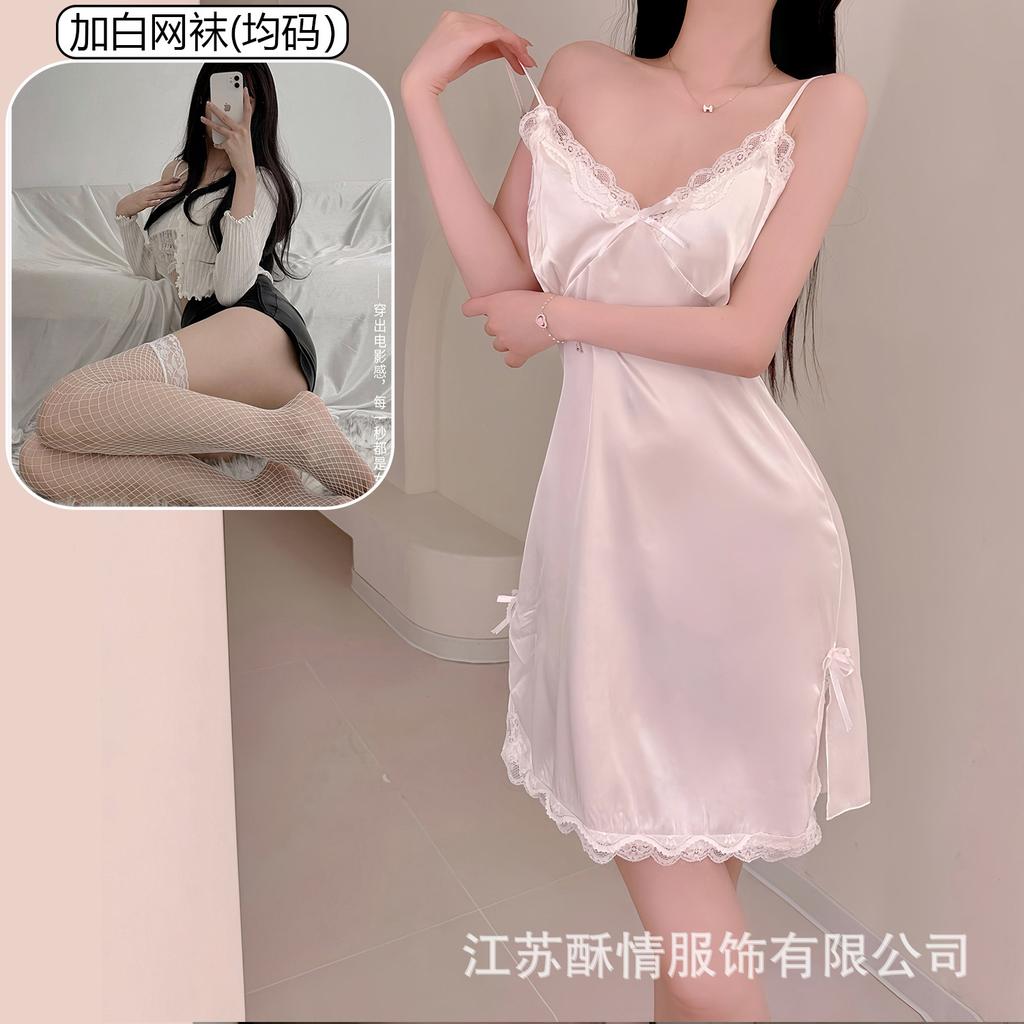 Sexy pure desire style new lace suspender nightdress women's satin thin sexy deep V split set