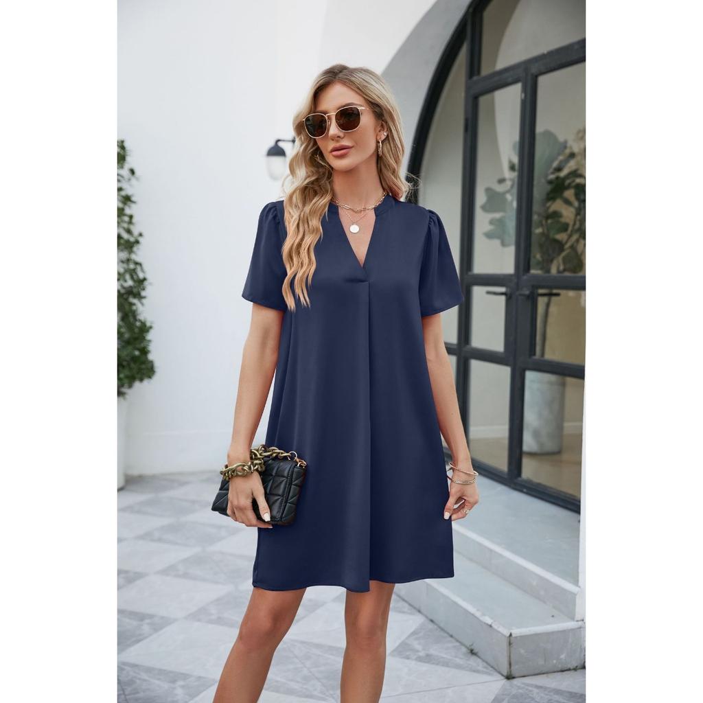 Summer Satin V Neck Sexy Loose Dress, Casual Fashion Office Wear for Women, European American Style