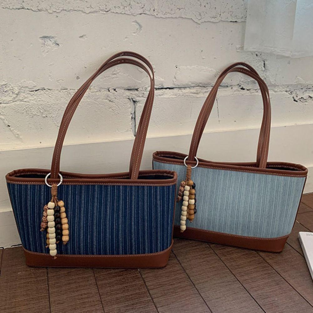 Handbag Denim Splicing Tote Bag Large Capacity Ins Square Tote Bag Simple Shoulder Bag  Travel