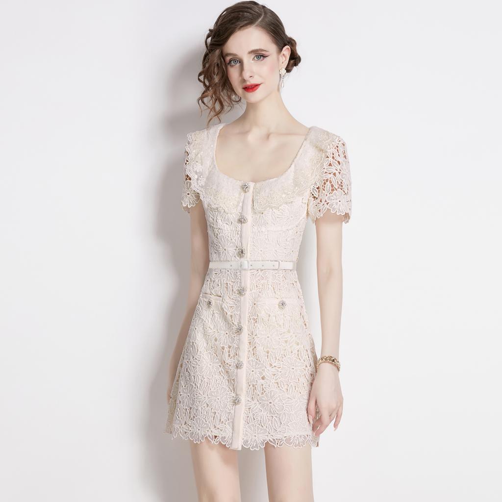2024 Summer New Arrive Women Lace Mini Dress Suqare Collor Short Sleeve Hollow Out Sexy Female Party White Dress With Belt
