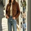 Women Cropped Denim Jacket Faux Leather Collar Zip‑Up Short Coat Multi Pockets Long Sleeve Casual Loose Outerwear For Ladies
