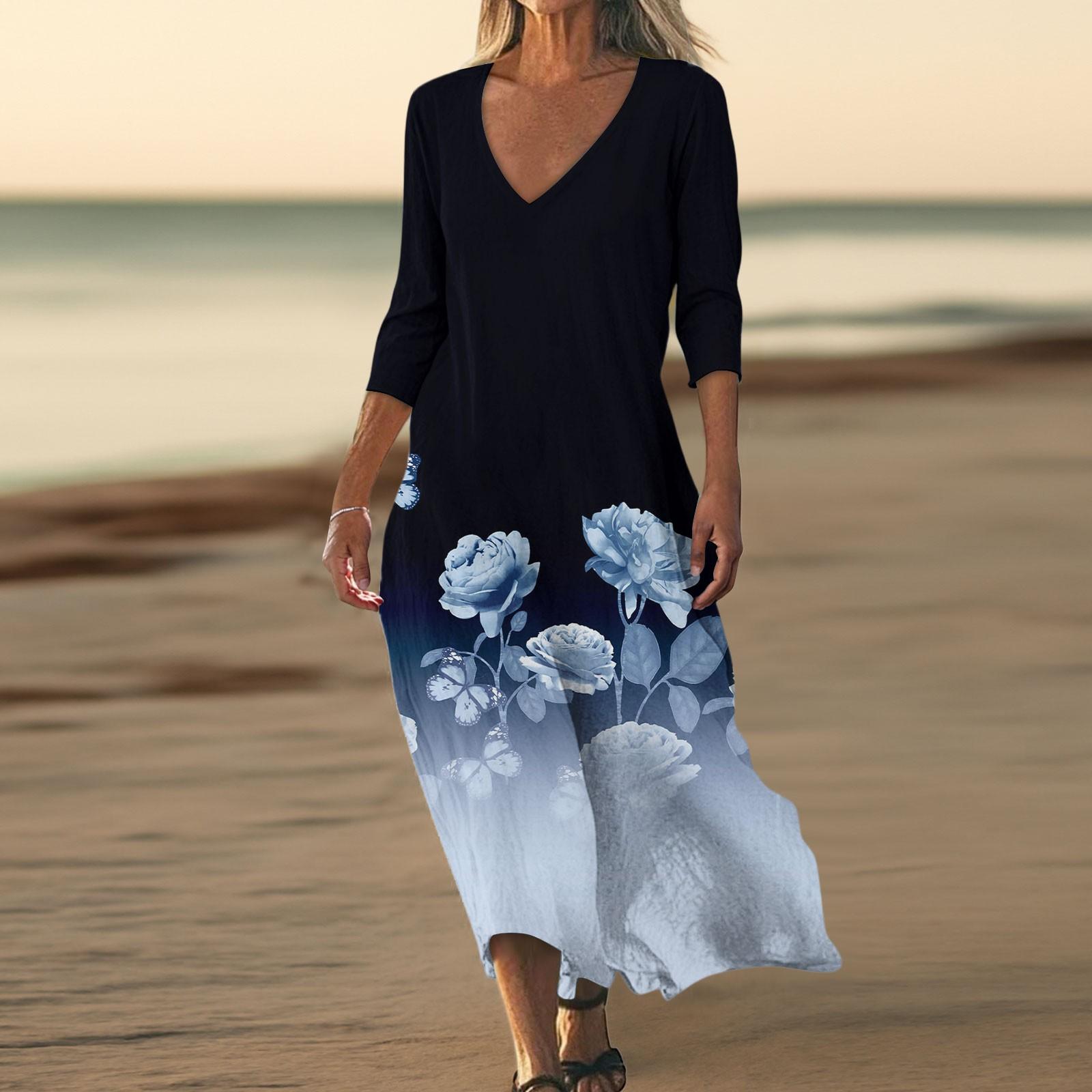 

Платья для женщин Винтажный принт Туника с завышенной талией Миди-платье Летнее повседневное Платье с рукавом 3/4 XXL тёмно-синий