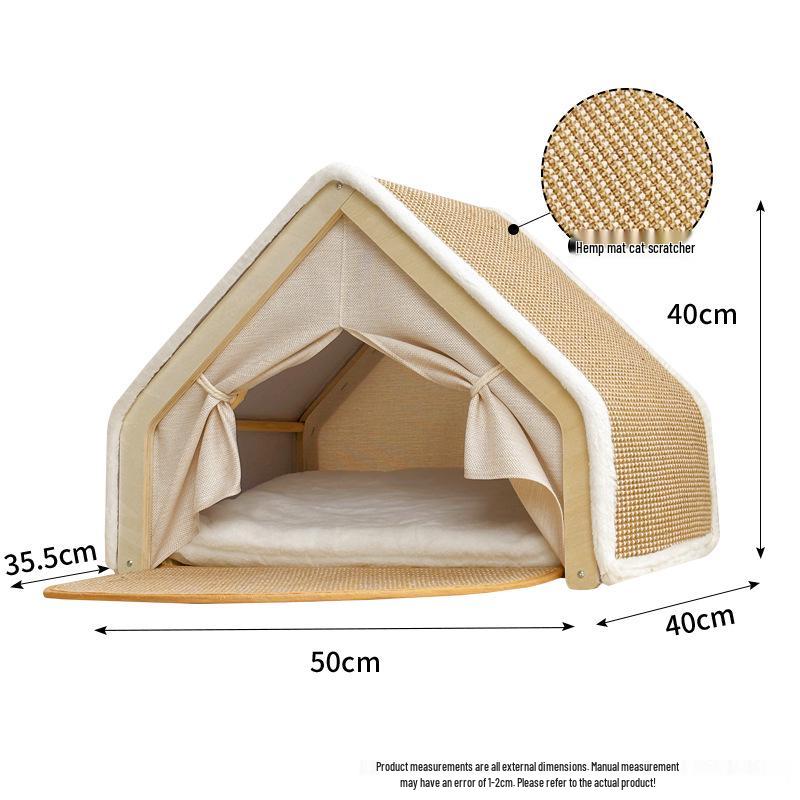 Sisal Cat Scratcher Tent & Enclosed Solid Wood Cat Bed