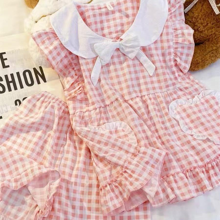 Cute Doll Collar Lace Pink Plaid Pajamas Women's Short-sleeved Shorts Ins Style Suit Soft and Cute Can Be Worn Outside Loungewear