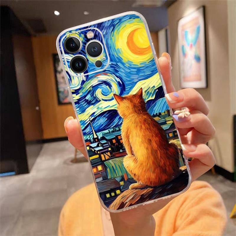 Phone Case For Iphone 17 Pro Max Air 16 15 14 13 Pro Max 15 16 Pro 15Plus Cat Starry Night Van Gogh