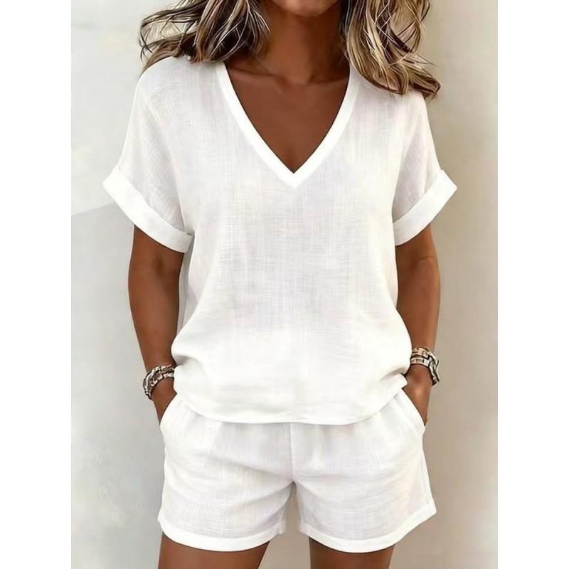 Womens 2026 Casual 2-Piece Set: V-Neck Short Sleeve Top Elastic Waist Capri Shorts Pure Color Streetwear Outfit