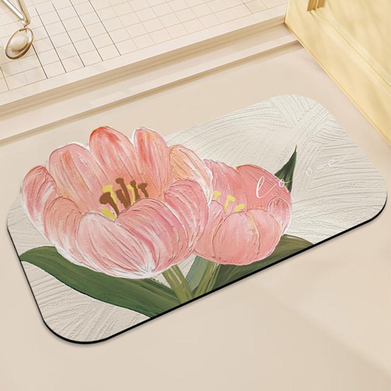 

Коврик для пола из диатомовой грязи в ванной комнате Camellia, впитывающий воду и противоскользящий, мягкая подушка, свежий цветок, дверь в ванную комнату, вход в туалет 40 * 60CM