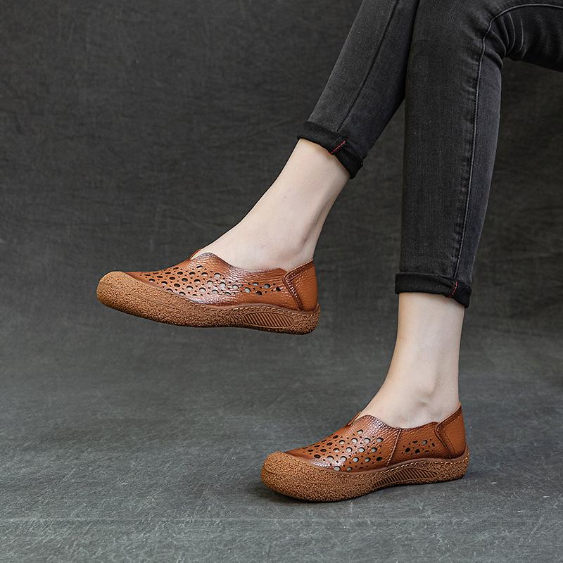 New Round Toe V Cut Ballet Flats Woman Perforated Moccasins Women's Handmade Genuine Leather Loafers Ladies Soft Driving Shoes
