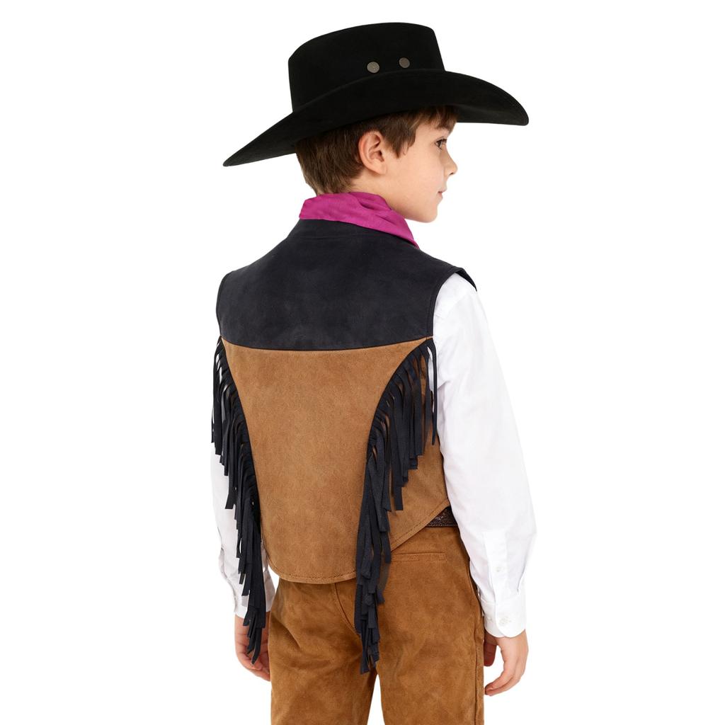 Costume da Cowgirl Western per Bambini Set Gilet Frangiato Bordatura in Nastro Dorato Bottoni a Pressione Cappello a Tesa Larga Bandana Outfit