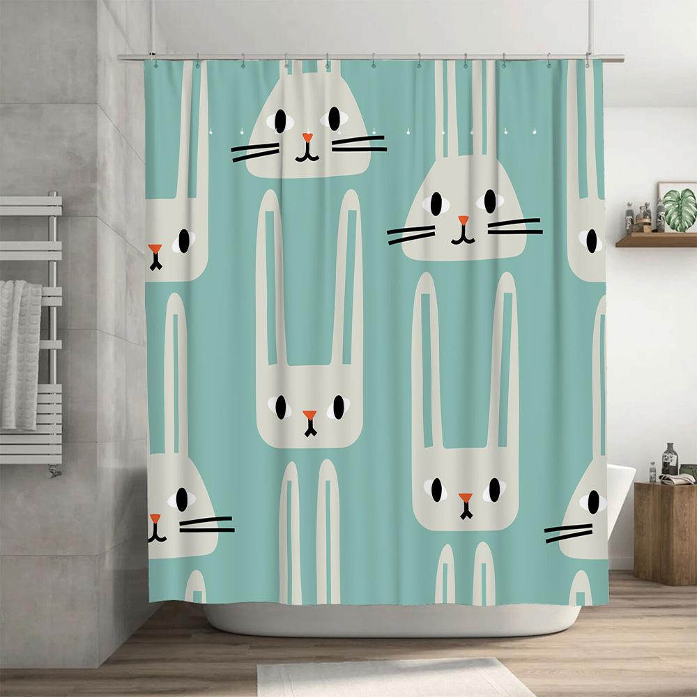 Adorable bunny print shower curtain for bathroom decoration washable fabric, waterproof design suitable for home use.
