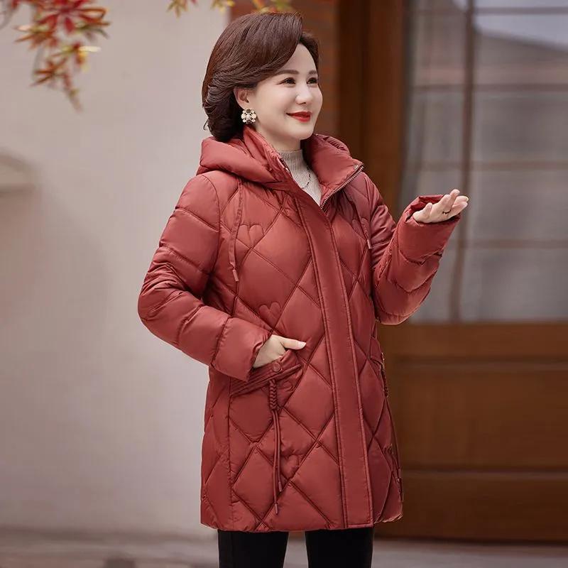 

Зимняя женская длинная куртка, пальто для женщин среднего возраста, с капюшоном, элегантная, толстая, теплая, зимние парки, свободная верхняя одежда, женские куртки XXXXXL красный