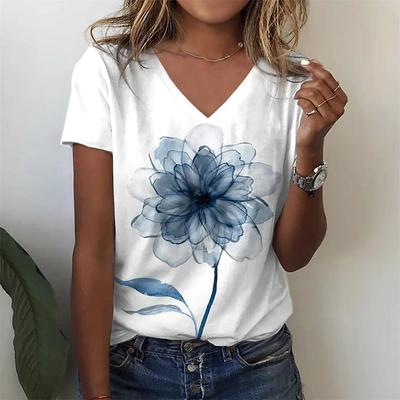 T-shirt con pittura floreale astratta da donna, casual, allentata, con stampa grafica, scollo a V, top di base, stampa 3D, abbigliamento taglie forti