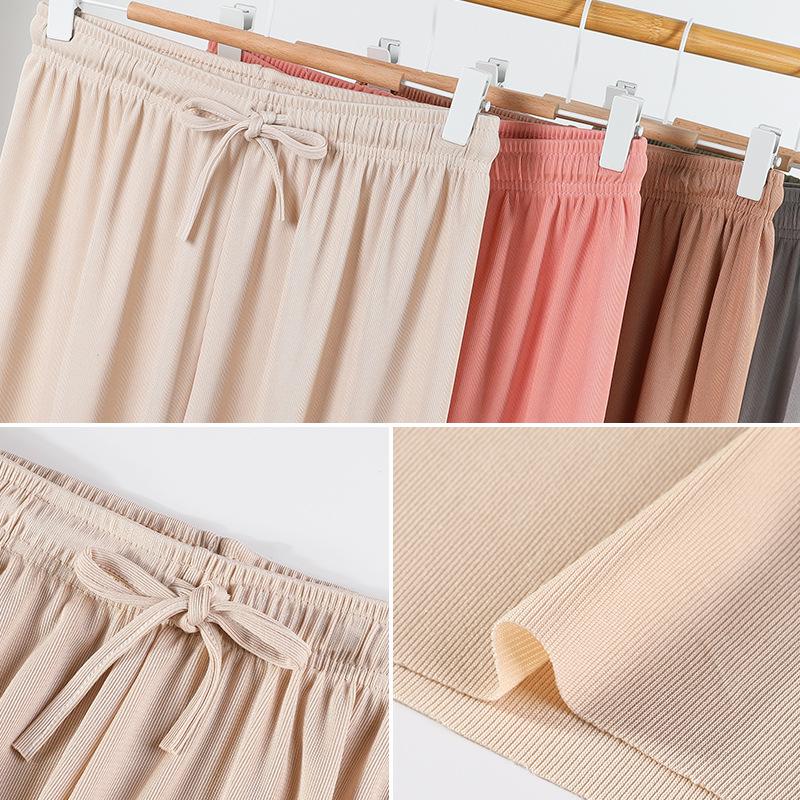 Pantaloni Larghi Estivi da Donna a Vita Alta in Seta Ghiacciata - Modellanti, Drappeggiati, Casual da Studentessa, Vestibilità Larga, Gamba Dritta Stretta.