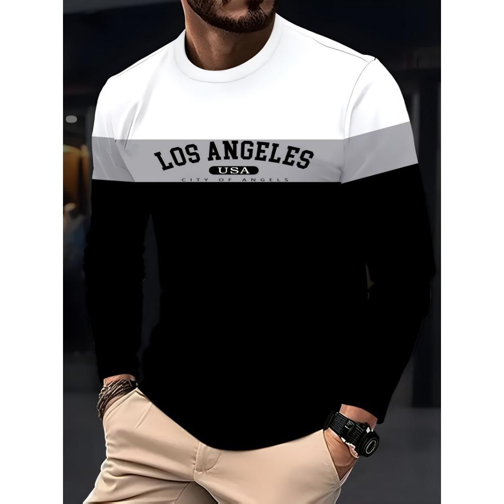 Autumn Fashion Men's Los Angeles Print Long Sleeve T-shirt Stripe Patchwork Casual Sweatshirts Sports Pullover Oversized Tops