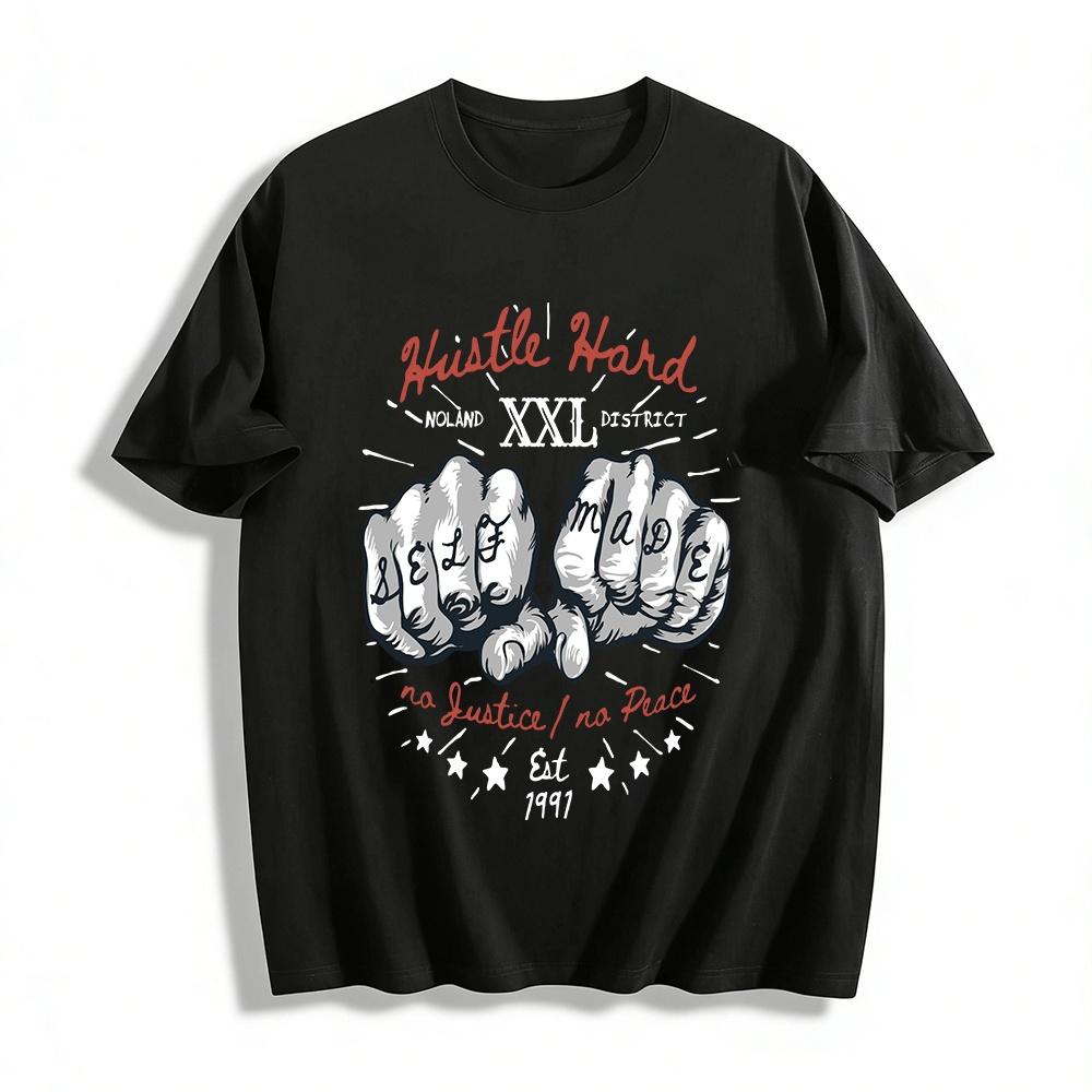 

Self Made Hustle Hard Fists Print Tee No Justice No Peace Graphic Top Pure cotton T-shirt XXS