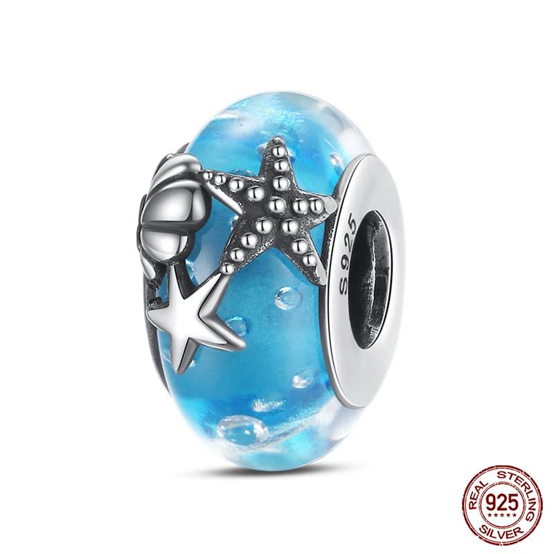 925 Sterling Silver Blue Ocean Flower Feather Luminous Glass Charms Fashion Beads Fit Brand 3mm Original Bracelets DIY Jewelry