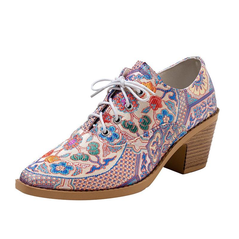 Pointed print high-heeled single shoes women's autumn new lace-up large-size thick-heeled professional single shoes