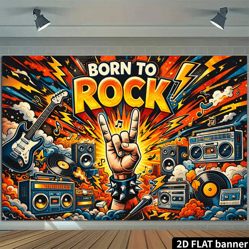 2D scene: Rock style theme "Born to Rock", vintage speaker set, and cloud and lightning decorations
