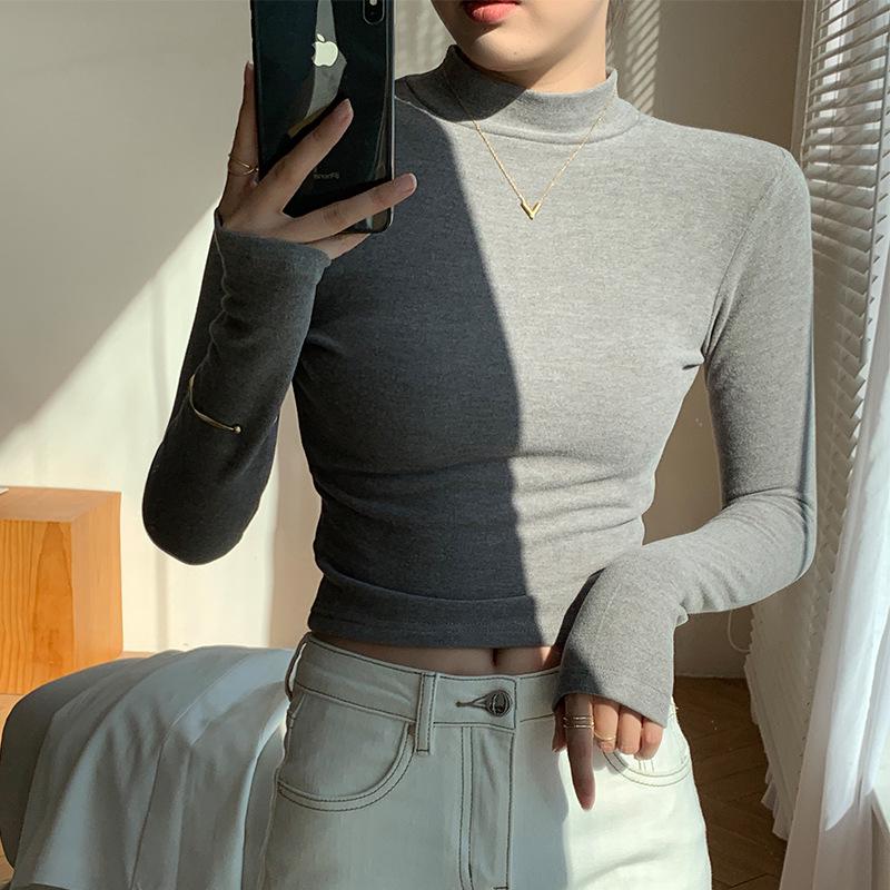 Velvet Semi-High Neck Long Sleeve Women's Modal Base Layer T-Shirt - Slimming White Autumn/Winter Fashion Top