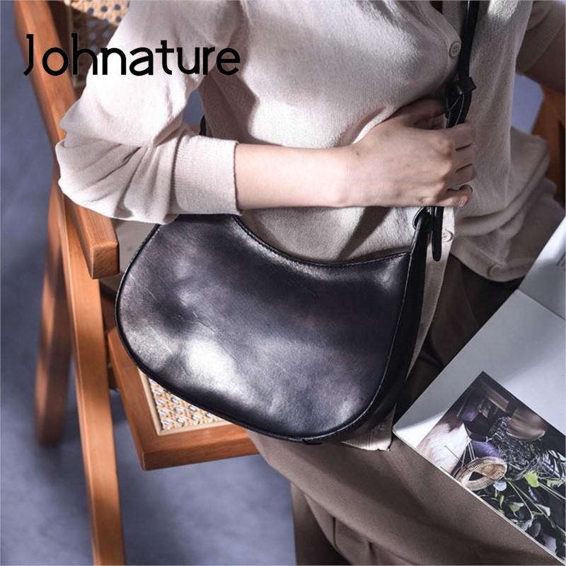 Johnature Vintage ručně vyráběná taška na sedlo z pravé kůže Módní taška do podpaží Univerzální dámské kabelky přes rameno a crossbody