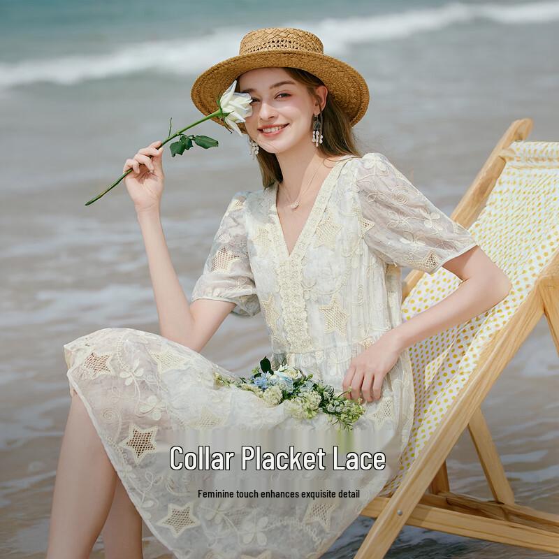 Women's V-Neck Embroidered A-Line Bubble Sleeve Dress