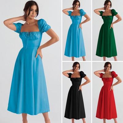 Women Dress Square Neck Tiered Ruffles Short Sleeves Solid Color Tight High Waist A-line Pleated