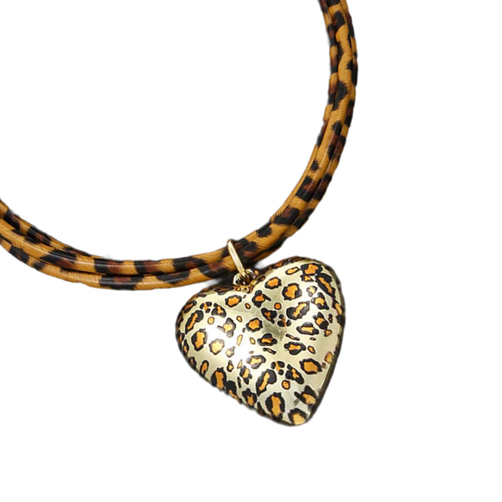 

Преувеличенное ожерелье с кулоном в виде сердца для женщин, двухслойная шейная цепочка с винтажным шнурком с леопардовым принтом, стильный аксессуар 2