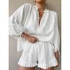 Spring/Summer White Cotton-Linen Set For Women Casual Fashion Lantern Sleeve Top And Shorts Two-Piece Set