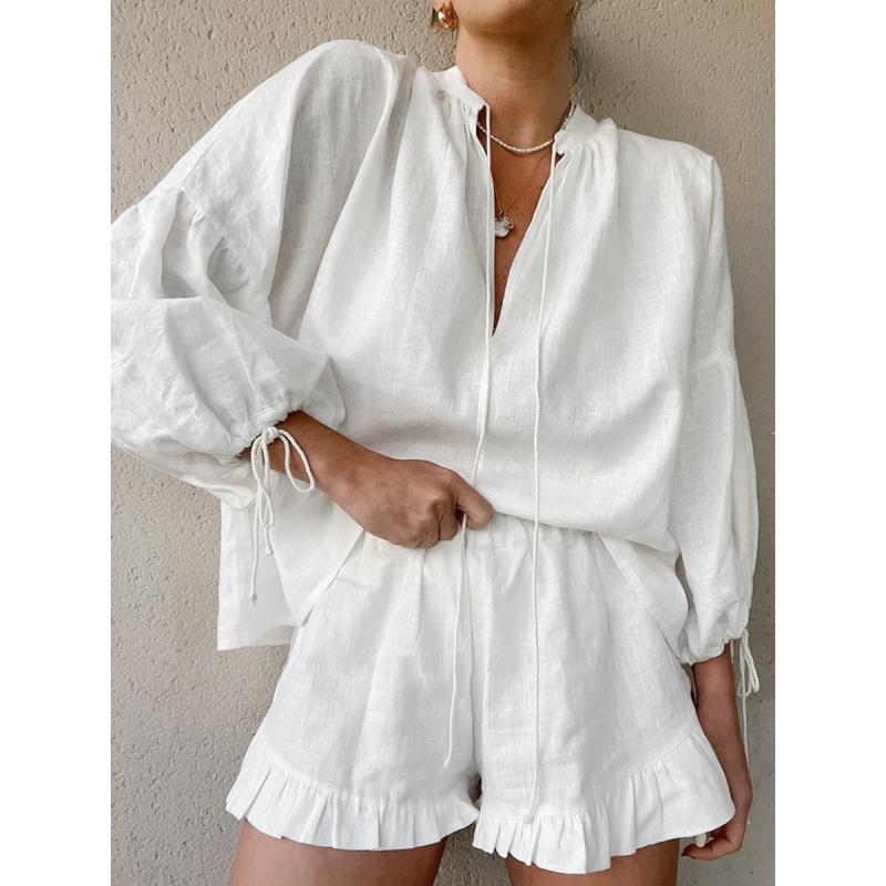 Spring/Summer White Cotton-Linen Set For Women Casual Fashion Lantern Sleeve Top And Shorts Two-Piece Set