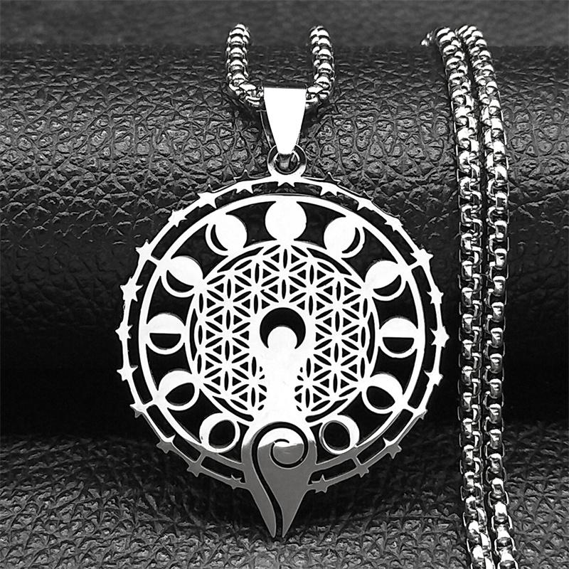 Wicca Triple Moon Phase Hekate Goddess Necklace for Women Men Stainless Steel Greek Wheel of Hecate Chain Jewelry collier