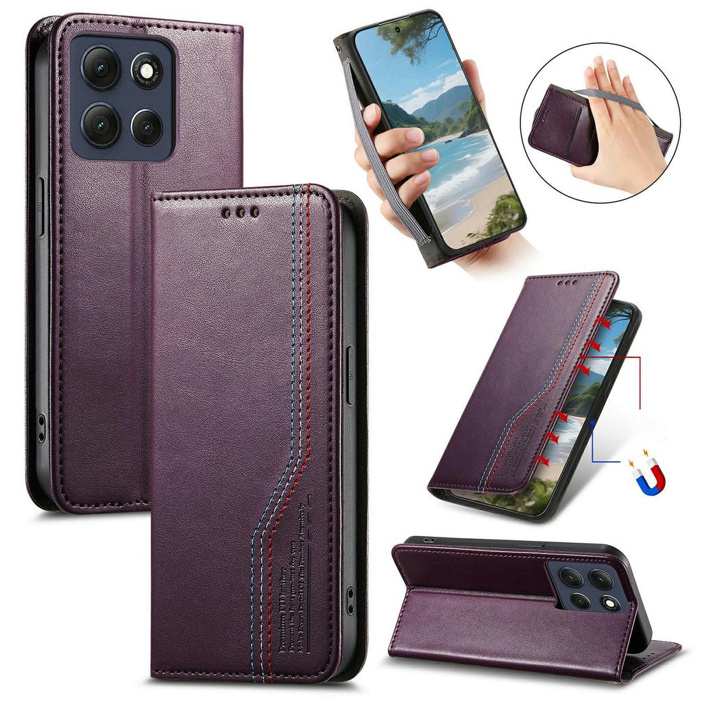 For Motorola Moto G86 Power 5G Case Wallet Tri-Color Stitching Leather Phone Cover with Elastic Wristband