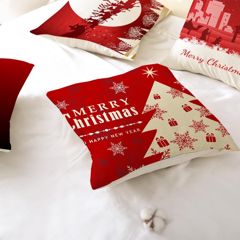 Cartoon Printed Polyester Pillow Cover Christmas Cushion Cushion Cover Red Christmas Home Decoration