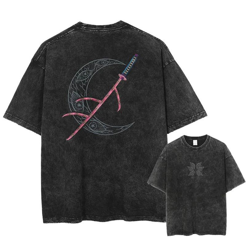 T-Shirt Cotton Harajuku Style Cotton Washed Retro Loose Mu Team Casual Men'S Animation Ghost Annihilation Blade Black Death