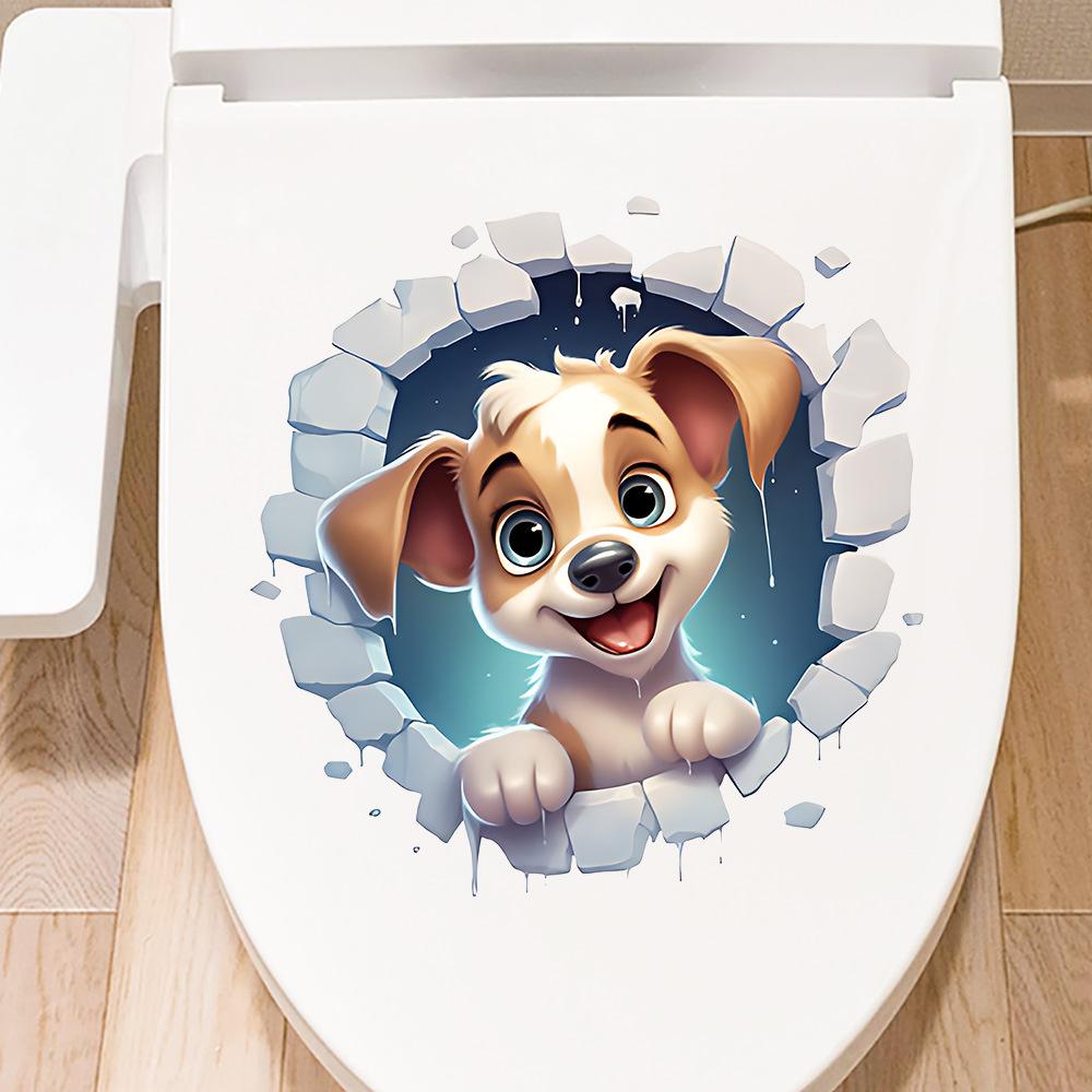 Creative Cute Dog Breaking Through Wall Waterproof Self Adhesive Toilet Lid Sticker Bathroom Home Decor