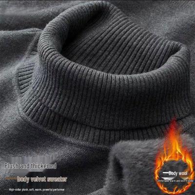 Men's Plus Velvet High Neck Knit Sweater - Thickened Warm Casual Winter Base Layer
