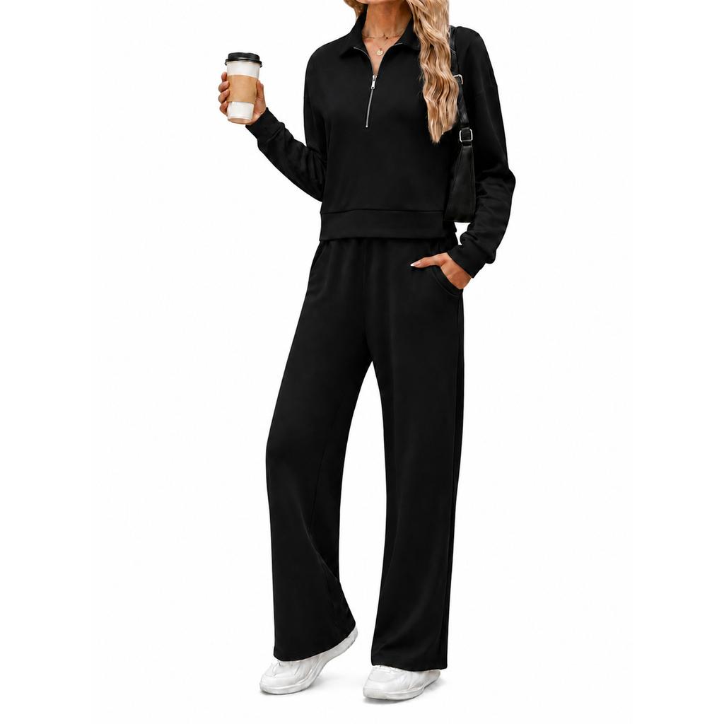 Women's Casual Half Zip Hoodie with Collar and Wide Leg Pants Set