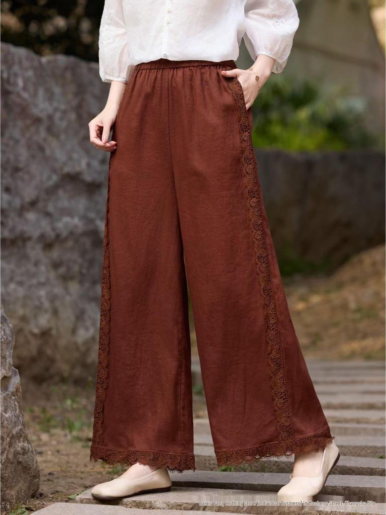 Women's Retro Wide-Leg Linen Pants - Elastic Waist, Lace Tie, Solid Color, Loose Fit