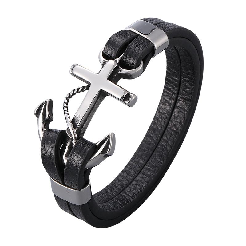 Punk Men 'S Jewelry Stainless Steel Bracelet Black Personality Leather Woven Anchor Male Wristband Rope Chain For Men Gift