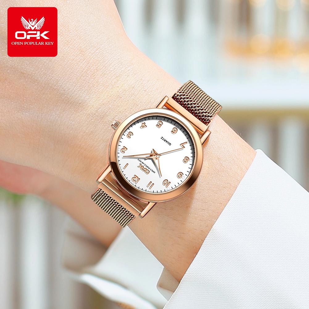 OPK 8115 New Original Quartz Wristwatch for Women Waterproof Mesh Steel Belt Digital Dial Luminous Elegant Simple Ladies Watch