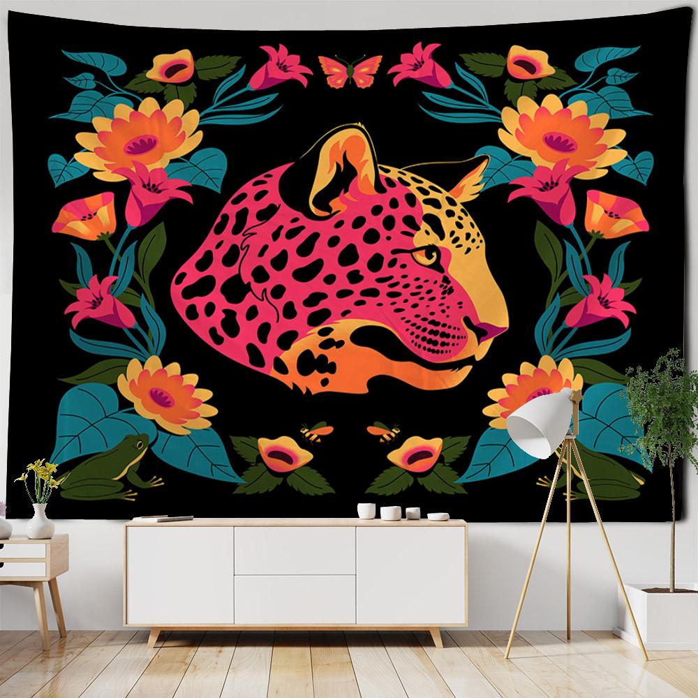 Tropical plant and animal tapestry, leopard wall hanging, Bohemian hippie Tapiz, bedroom, living room, home decoration
