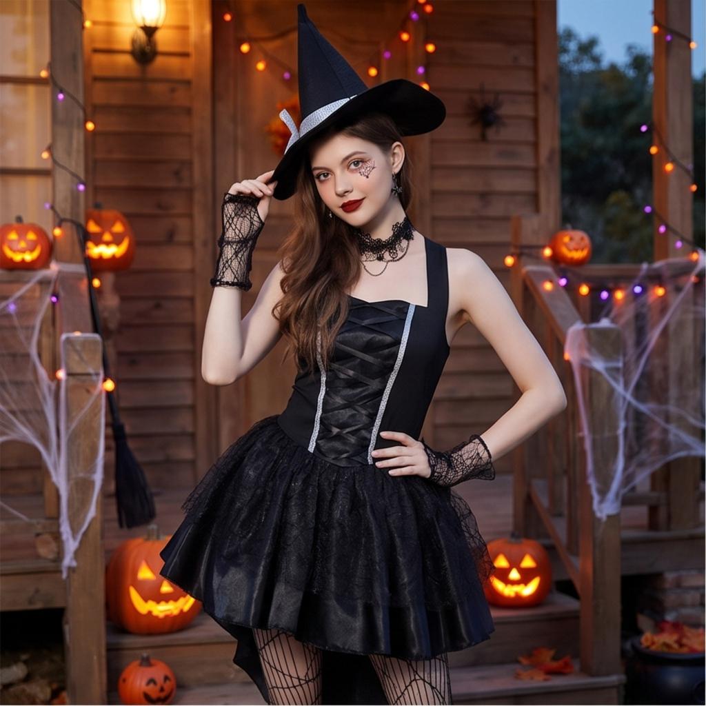 Women's Halloween Witch Costume Spaghetti Strap Dress with Hat and Bracelet Set
