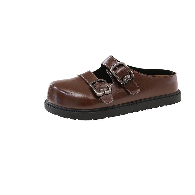 

Spring and Summer New Round Toe Double Buckle Lazy Baotou Half Slippers Women s Outside Wear Mary Jane Flat Shoes 40 коричневый