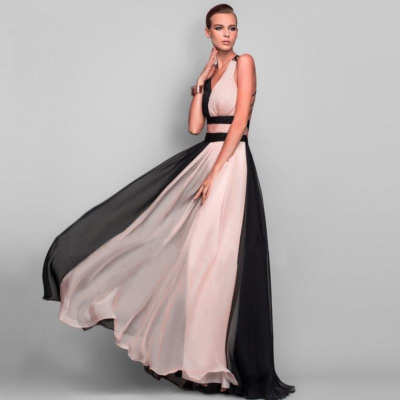 Women's new chiffon contrasting evening dress sleeveless v-neck splicing dress long