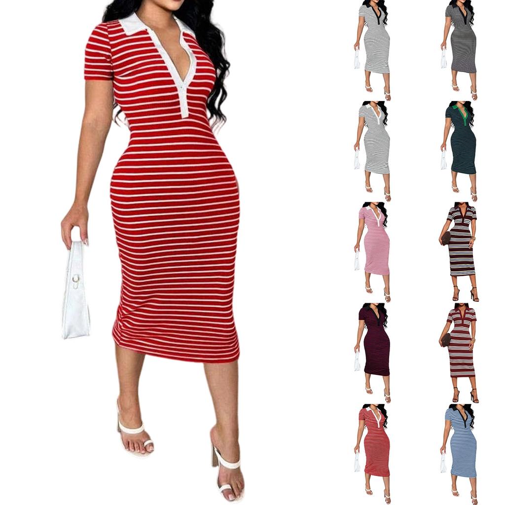 Women's New Polo Collar Striped Slim Fit Bodycon Midi Dress Short Sleeve Casual Stretch Fabric
