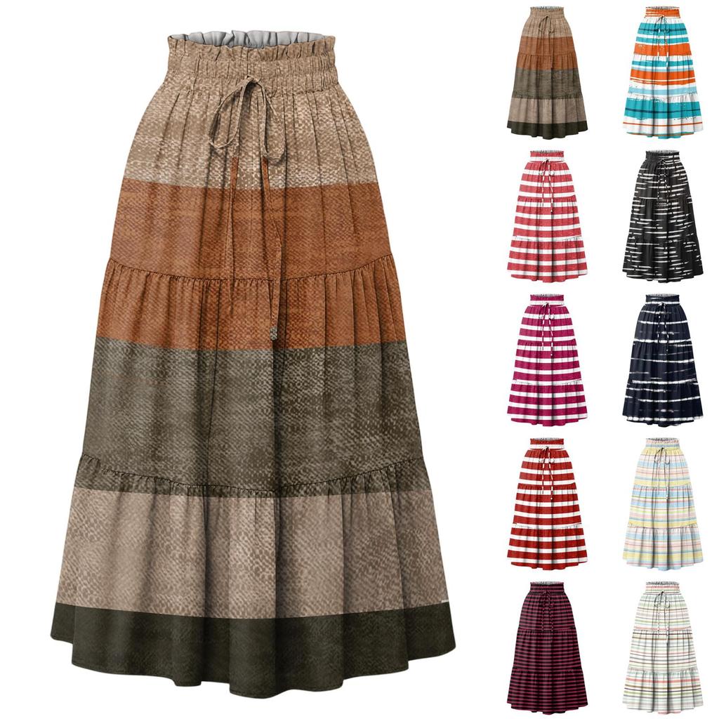 Ladies' Striped Printed Casual Elastic Waist Drawstring Skirt