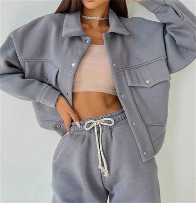 Damen Trainingsanzug Zweiteiliges Set Einknopf Jacke Mantel Taschen Hosenanzug Kordelzug Hose Sport Outfits