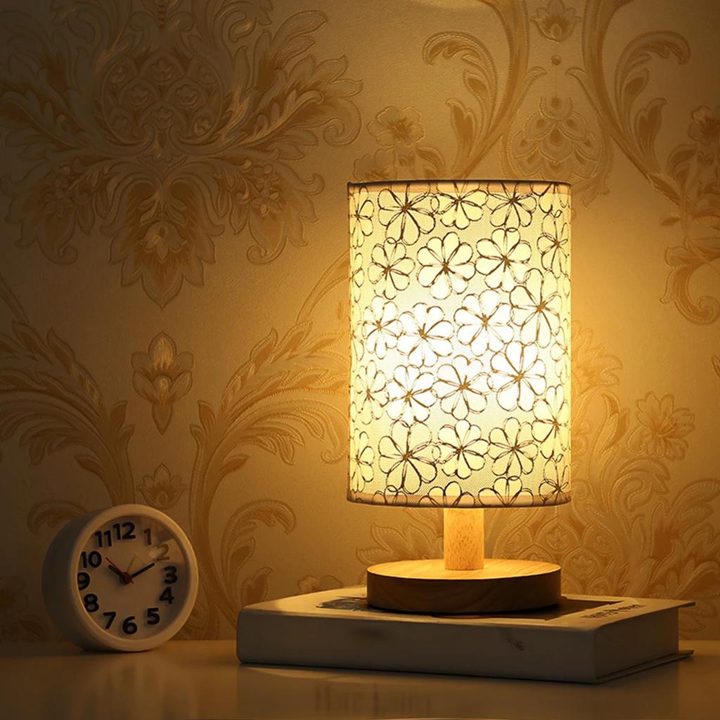 Linen Table Lamp LED Linen Night Lamp w/Warm White Light Linen Nightstand Lamp USB Powered Wooden Beside Lamp