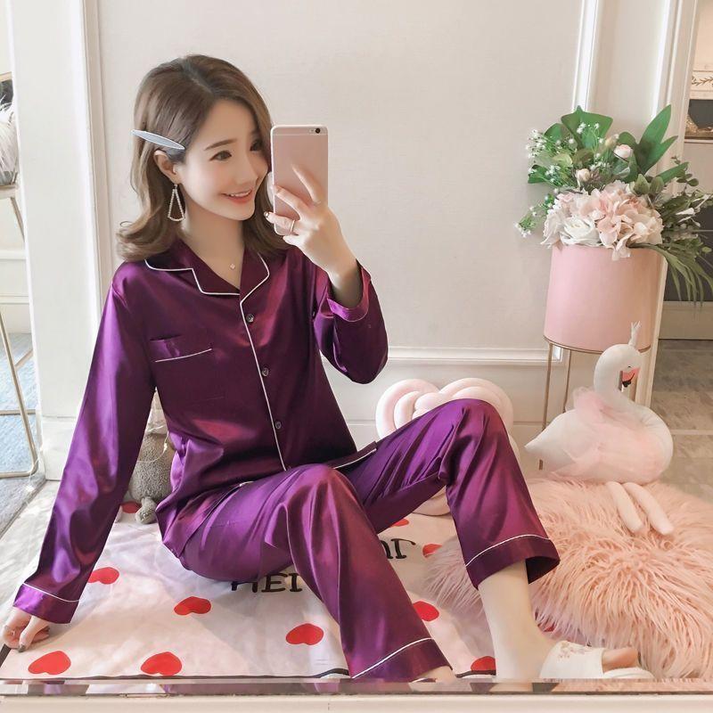 Women's Spring Sweet Ins Ice Silk Pajamas - Long-Sleeved Thin Cardigan Simulation Silk Home Service