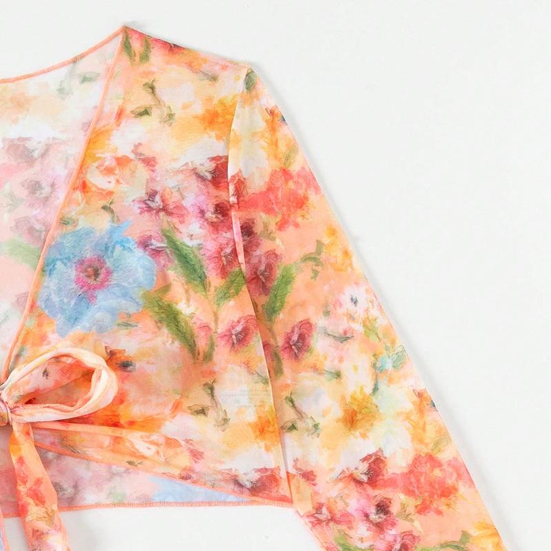 New Sexy Print Bikini Sets with Beach Skirt Long Sleeve Crop Top Swimwear Four Piece Bikini Set